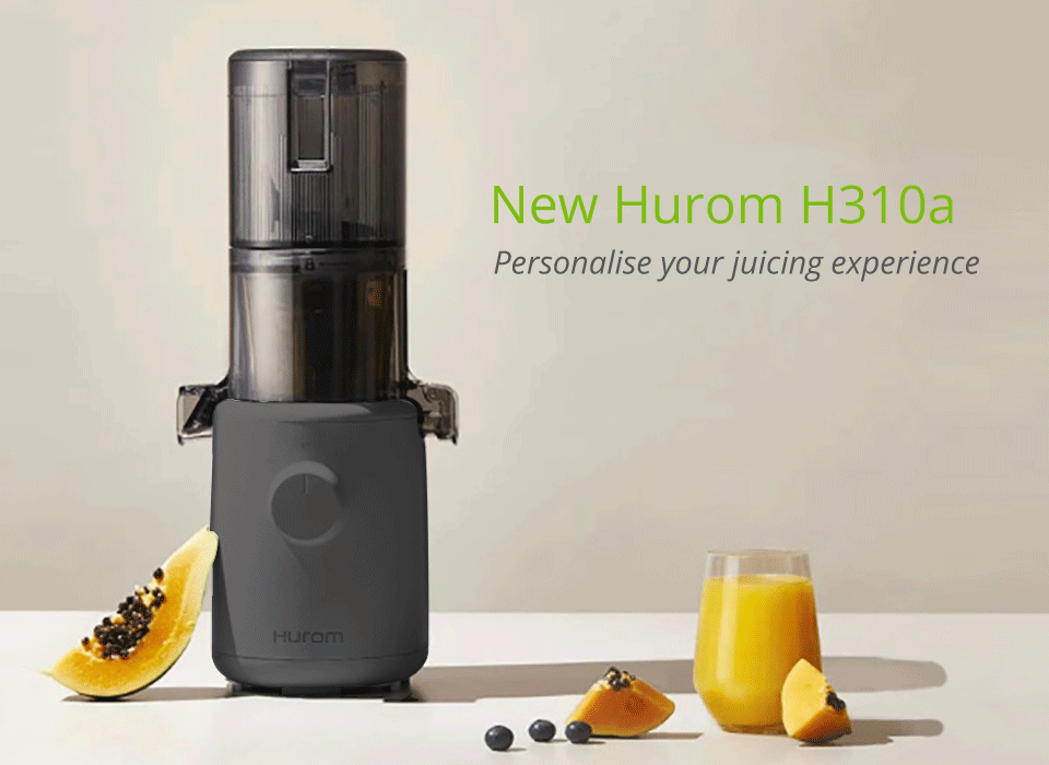 An image that cycles through pink, blue, white and black models of the H310a Cold Press Juicers with the caption "Personalise your juicing experience"