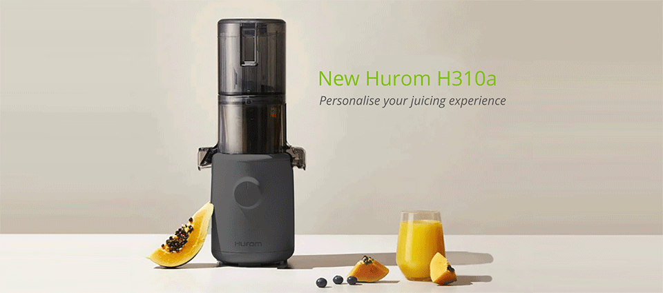 An image that cycles through pink, blue, white and black models of the H310a Cold Press Juicers with the caption "Personalise your juicing experience"